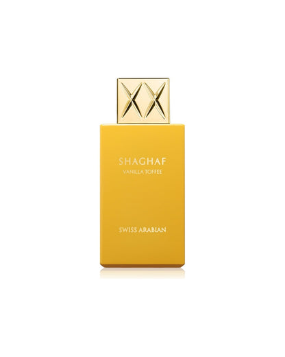 Flacone del profumo Swiss Arabian Shaghaf Vanilla Toffee Eau de Parfum 75ml unisex su sfondo bianco