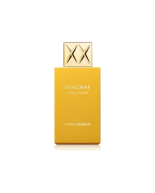 Flacone del profumo Swiss Arabian Shaghaf Vanilla Toffee Eau de Parfum 75ml unisex su sfondo bianco