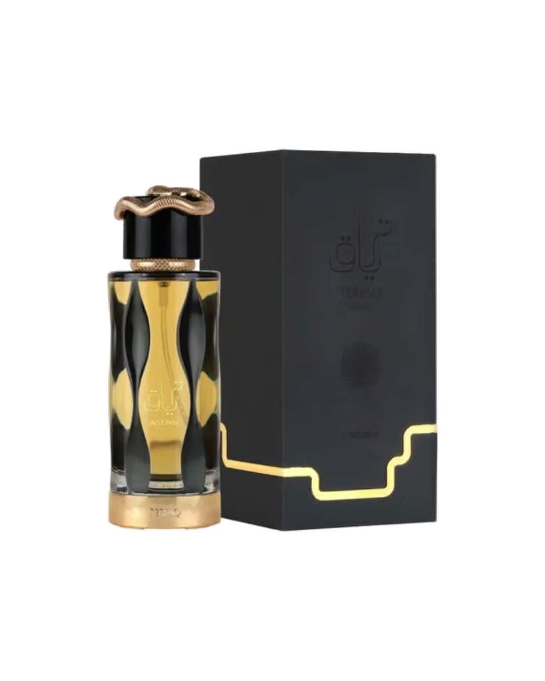Scatola lussuosa nera e oro del profumo originale Lattafa Teriaq Intense