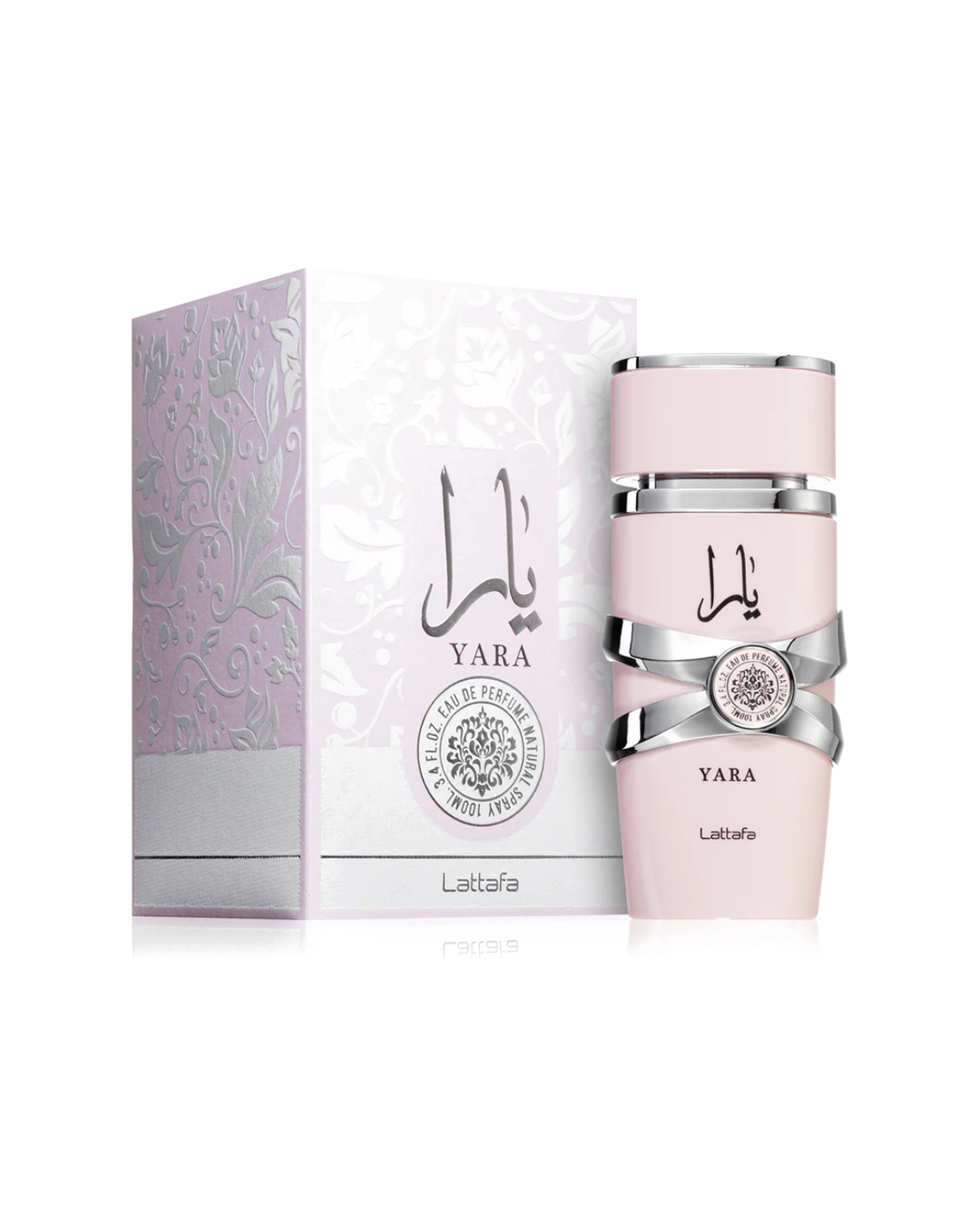 Profumo donna Yara di Lattafa. Vista completa con scatola rosa pastello decorata e flacone rosa con dettagli argento