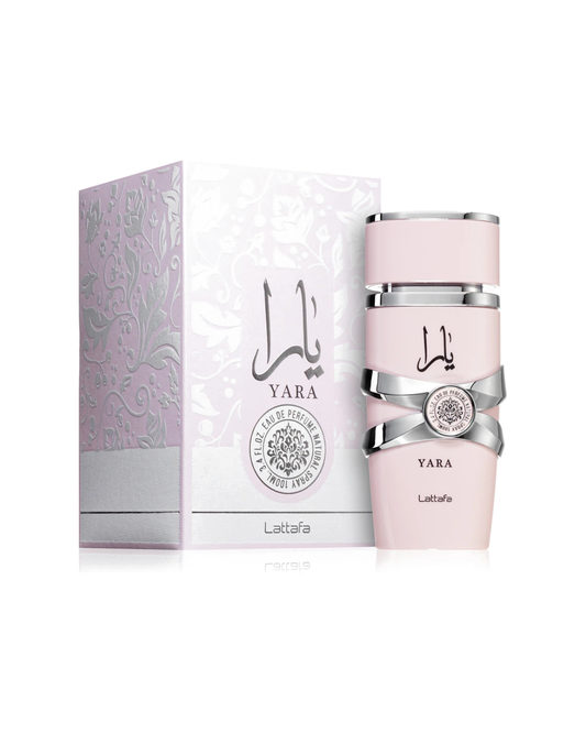 Profumo donna Yara di Lattafa. Vista completa con scatola rosa pastello decorata e flacone rosa con dettagli argento