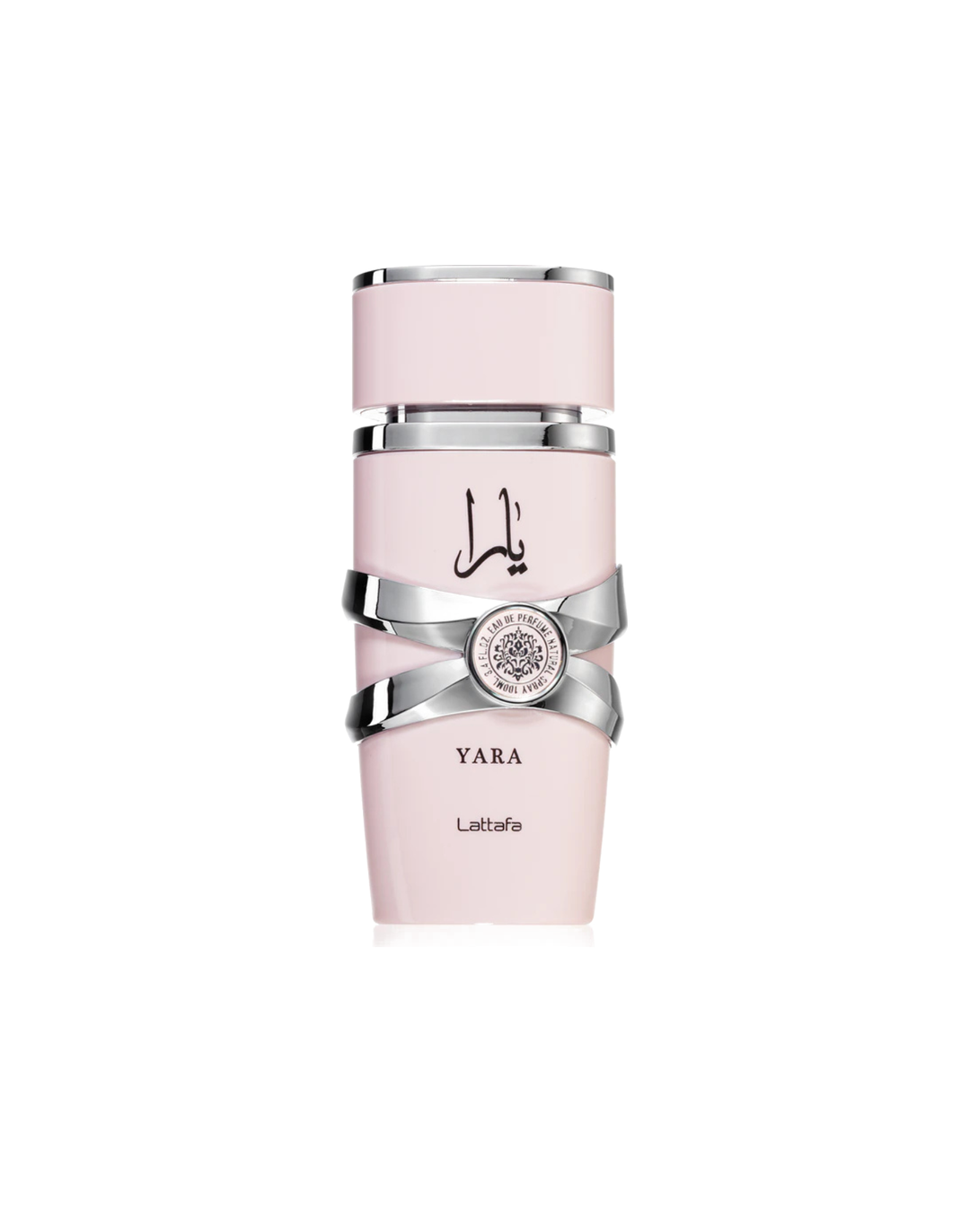 Dettaglio del flacone rosa pastello del profumo Lattafa Yara, con incrocio decorativo metallico argento