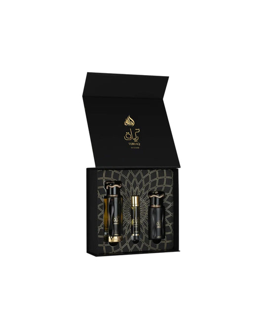 Set Teriaq Intense Lattafa: eau de parfum, travel spray e hair mist